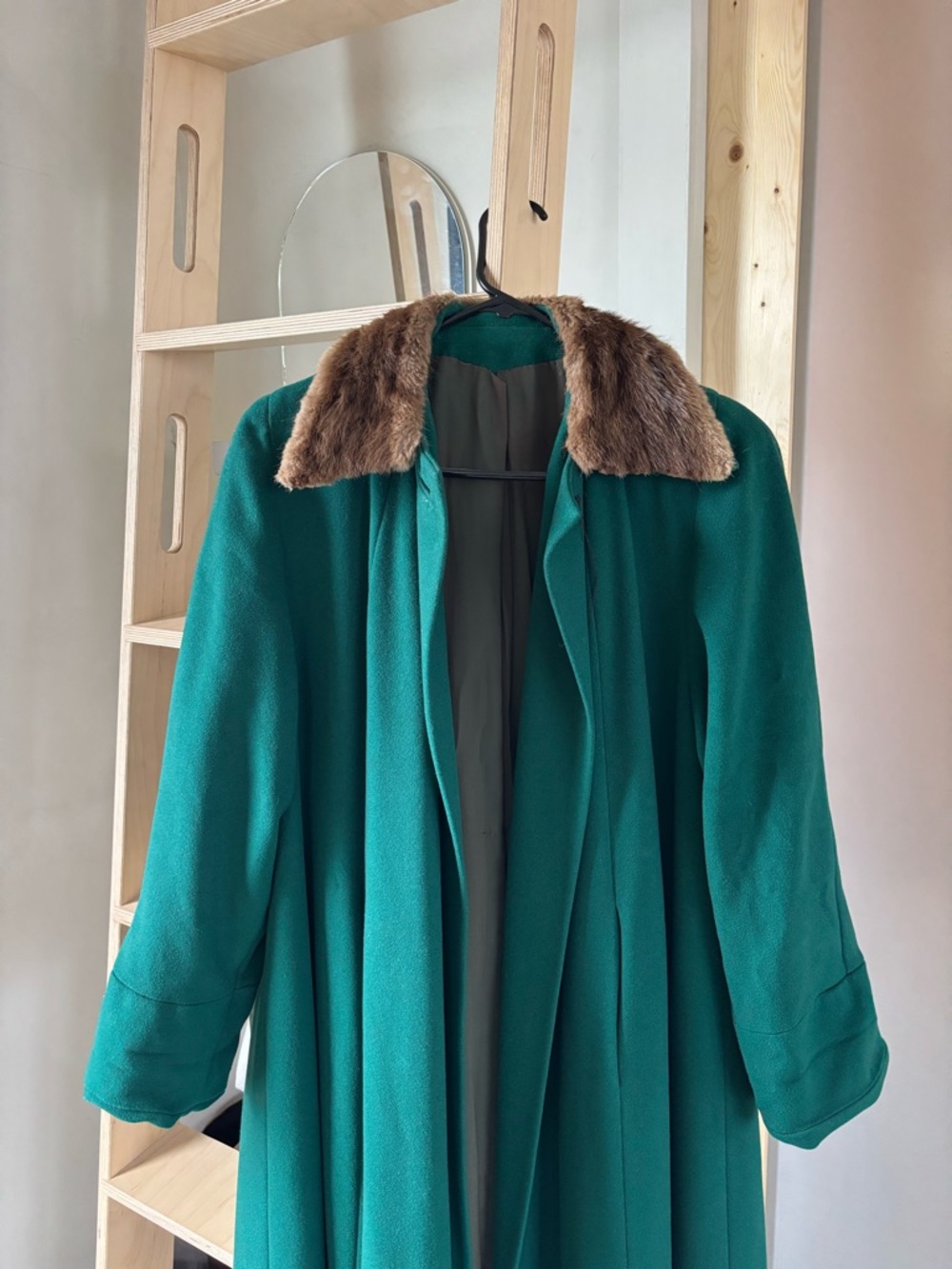 Green Trench Coat with Real Fur Collar